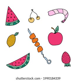 Cute and funny hand drawn icon set of summer fruits, berries and other food. Vector clipart illustrations with hand drawn outline isolated on background. For sticker, scrapbook, fabric, social media.