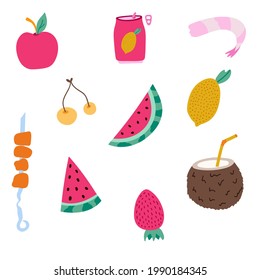 Cute and funny hand drawn icon set of summer fruits, berries and other food. Vector clipart illustrations isolated on background. For sticker, scrapbook, fabric, social media, posters, postcards.