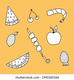 Cute and funny hand drawn icon set of summer fruits, berries and other food. Vector clipart illustrations with hand drawn outline isolated on background. For sticker, scrapbook, fabric, social media.