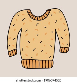 Cute and funny hand drawn knitted sweater for a cold weather with trendy décor in yellow colors. Vector illustration with hand drawn outline isolated on background. Stylized christmas symbol.