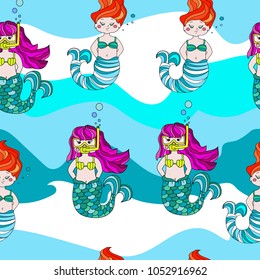Cute and funny hand drawn mermaid and fish seamless pattern vector