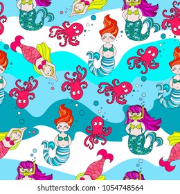 Cute and funny hand drawn mermaid and fish seamless pattern vector
