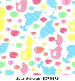 Cute and funny hand drawn mermaid and fish seamless pattern vector