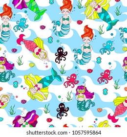 Cute and funny hand drawn mermaid and fish seamless pattern vector