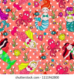 Cute and funny hand drawn mermaid and fish seamless pattern vector