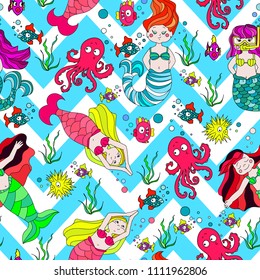 Cute and funny hand drawn mermaid and fish seamless pattern vector