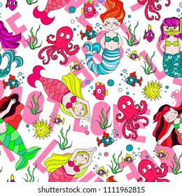 Cute and funny hand drawn mermaid and fish seamless pattern vector