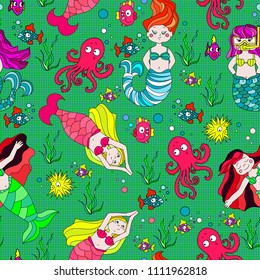 Cute and funny hand drawn mermaid and fish seamless pattern vector