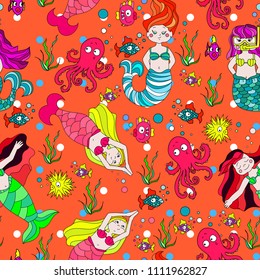 Cute and funny hand drawn mermaid and fish seamless pattern vector