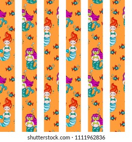 Cute and funny hand drawn mermaid and fish seamless pattern vector