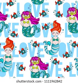 Cute and funny hand drawn mermaid and fish seamless pattern vector