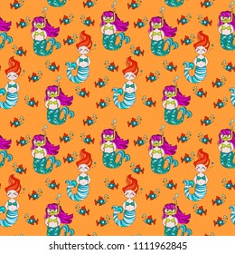 Cute and funny hand drawn mermaid and fish seamless pattern vector