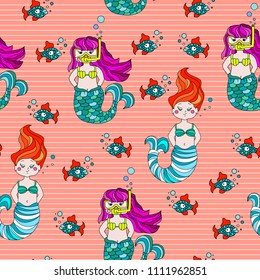 Cute and funny hand drawn mermaid and fish seamless pattern vector