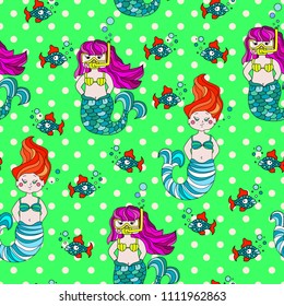 Cute and funny hand drawn mermaid and fish seamless pattern vector