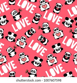 Cute and funny hand drawn panda with hearts design seamless pattern vector for prints on paper, fabric or objects