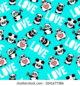 Cute and funny hand drawn panda typography love design seamless pattern vector for prints on paper, fabric or objects