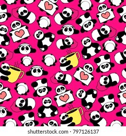 Cute and funny hand drawn panda with hearts design seamless pattern vector for prints on paper, fabric or objects