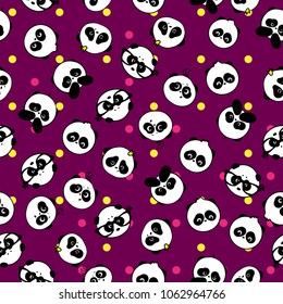 Cute and funny hand drawn pandas retro style design seamless pattern vector