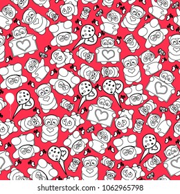 Cute and funny hand drawn pandas one continuous line style design seamless pattern vector