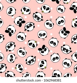 Cute and funny hand drawn pandas retro style design seamless pattern vector