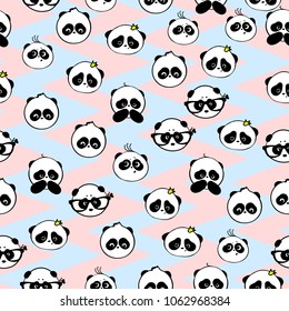 Cute and funny hand drawn pandas retro style design seamless pattern vector