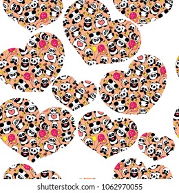 Cute and funny hand drawn pandas with hearts design seamless pattern vector 