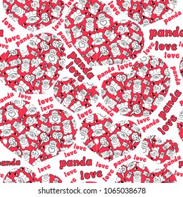 Cute and funny hand drawn pandas with hearts love typography design seamless pattern vector