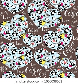 Cute and funny hand drawn pandas with hearts love typography design seamless pattern vector