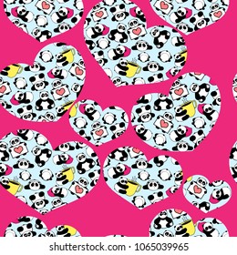 Cute and funny hand drawn pandas with hearts design seamless pattern vector 