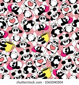 Cute and funny hand drawn pandas design texture seamless pattern vector