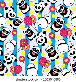 Cute and funny hand drawn pandas with retro style stripes design seamless pattern vector