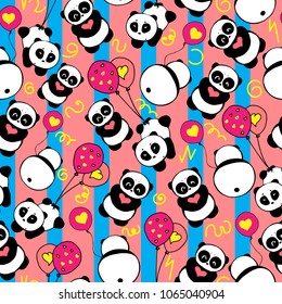 Cute and funny hand drawn pandas with retro style stripes design seamless pattern vector