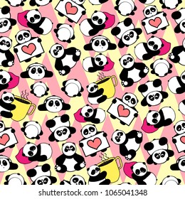 Cute and funny hand drawn pandas retro style design seamless pattern vector