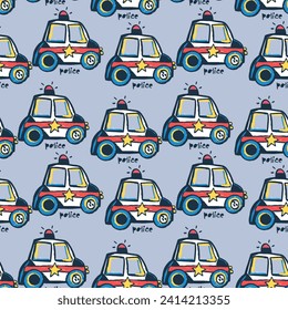 Cute funny hand drawn police car pattern and graphic tee design for kids market as vector svg