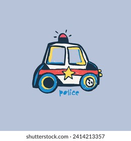 Cute funny hand drawn police car pattern and graphic tee design for kids market as vector