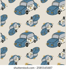 Cute funny hand drawn police car fireman departments 3d draw pattern and graphic tee design for kids market as vector