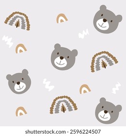  cute funny hand drawn seamless pattern with bears in the trendy colors for boys and babies. Vector graphics.