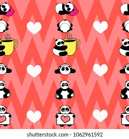 Cute and funny hand drawn sleepy panda with cup of coffee retro style design seamless pattern vector