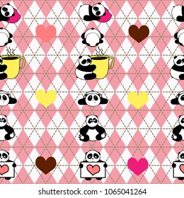 Cute and funny hand drawn sleepy panda with cup of coffee design seamless pattern vector