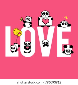 Cute and funny hand drawn typography love design with pandas 