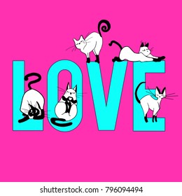 Cute and funny hand drawn typography love design with kittens 