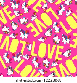 Cute and funny hand drawn unicorn seamless pattern retro background vector