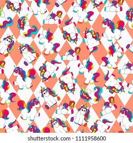 Cute and funny hand drawn unicorn seamless pattern retro background vector
