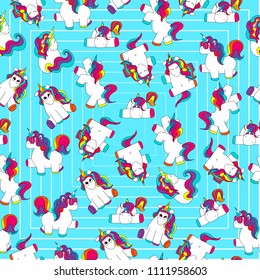 Cute and funny hand drawn unicorn seamless pattern retro background vector