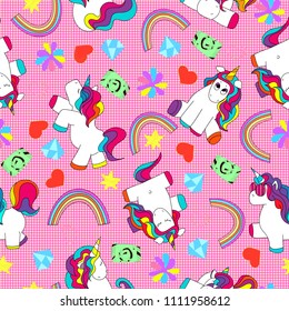 Cute and funny hand drawn unicorn seamless pattern retro background vector