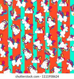Cute and funny hand drawn unicorn seamless pattern retro background vector