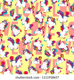 Cute and funny hand drawn unicorn seamless pattern retro background vector