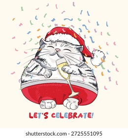 Gatito de Vector dibujado a mano divertido lindo en el traje de santa que sostiene el champán, celebración del año nuevo