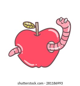 Cute funny hand drawn vector worm illustration with apple