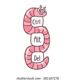 Cute funny hand drawn vector worm illustration with computer keys - ctrl + alt +delete